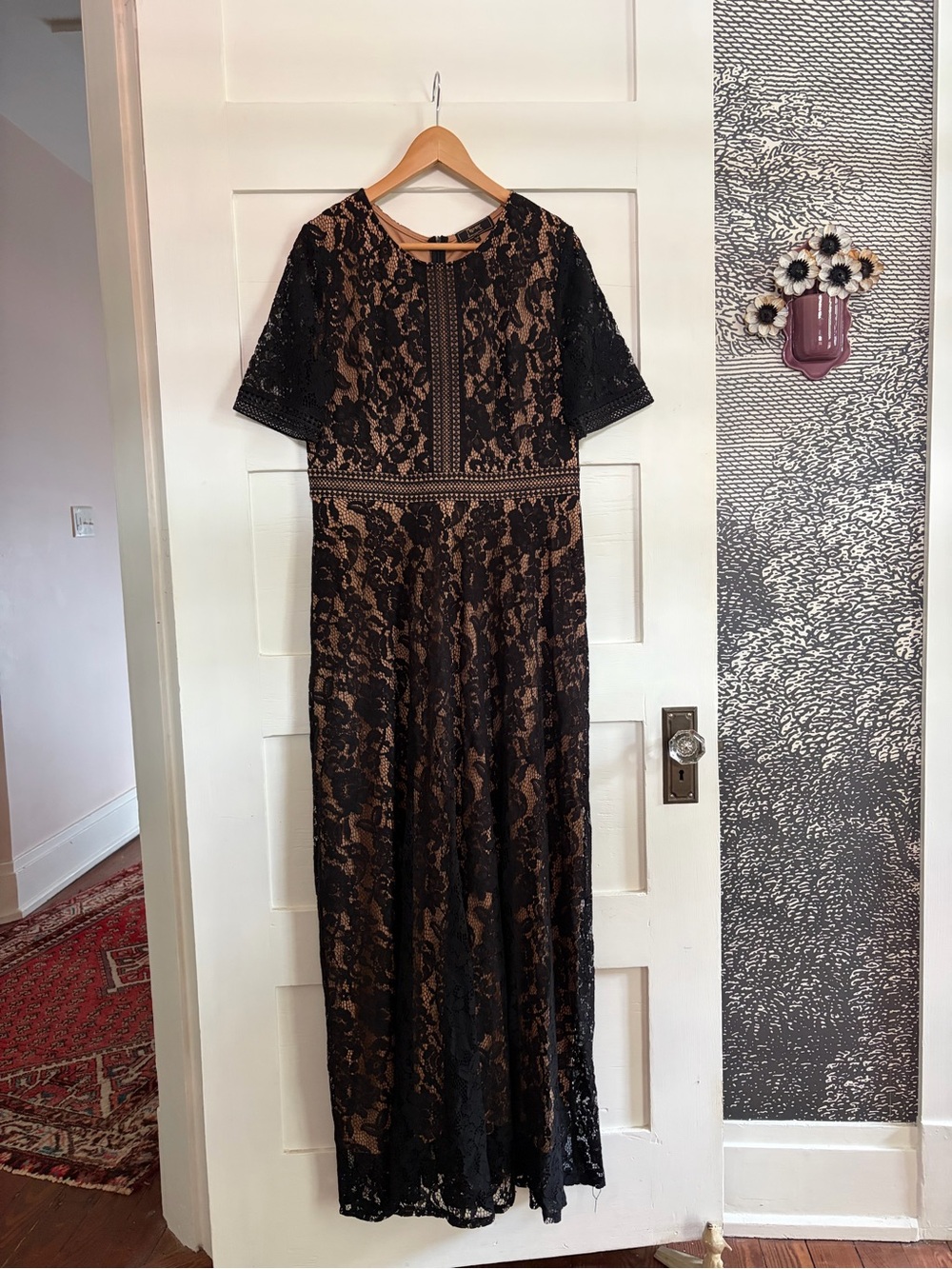 Elegant Black Lace Maxi Dress with Nude Lining